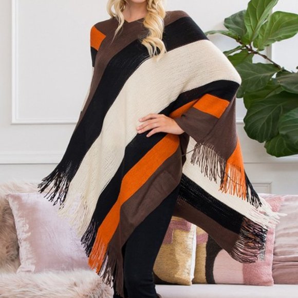 Accessories - COLOR BLOCK FRINGE PONCHO